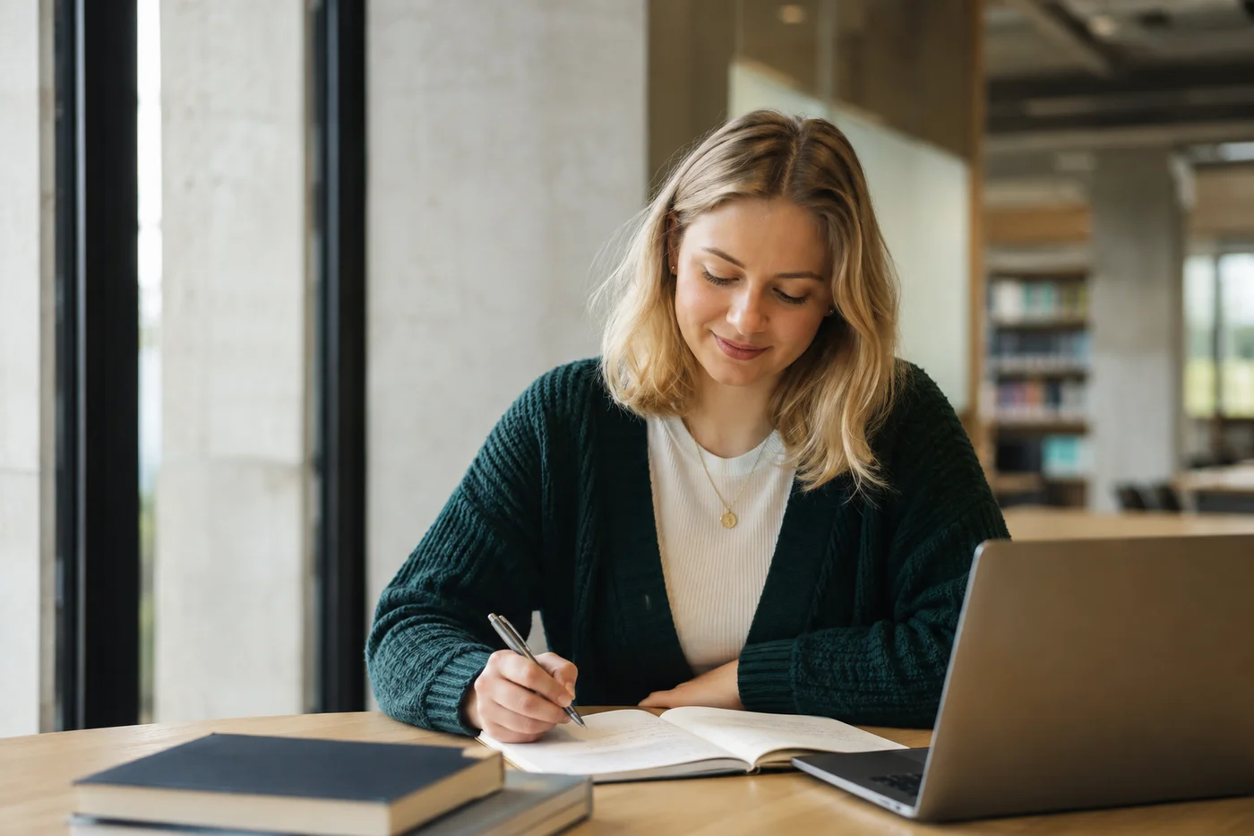 Blonde Studentin beim Schreiben ihrer Hausarbeit – KI-generiertes Motiv